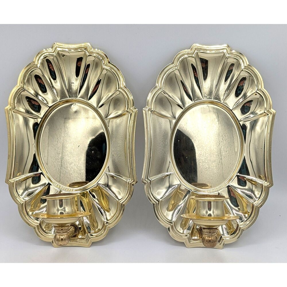 VTG Homco Gold Clamshell Pair Candle Holder WALL Hanging Sconces 9"x5.5" Scallop